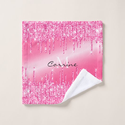 Metallic hot-roze druppelaar Glitter Monogramed Bad Handdoek (Wasdoekje)