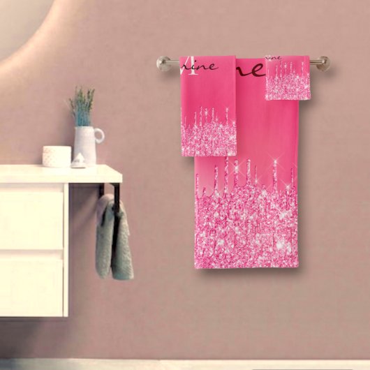 Metallic hot-roze druppelaar Glitter Monogramed Bad Handdoek