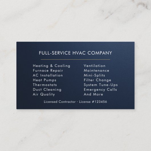 Metallic HVAC Navy Blue Gold Modern Visitekaartje (Achterkant)