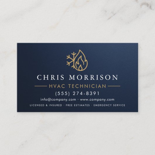 Metallic HVAC Navy Blue Gold Modern Visitekaartje (Voorkant)