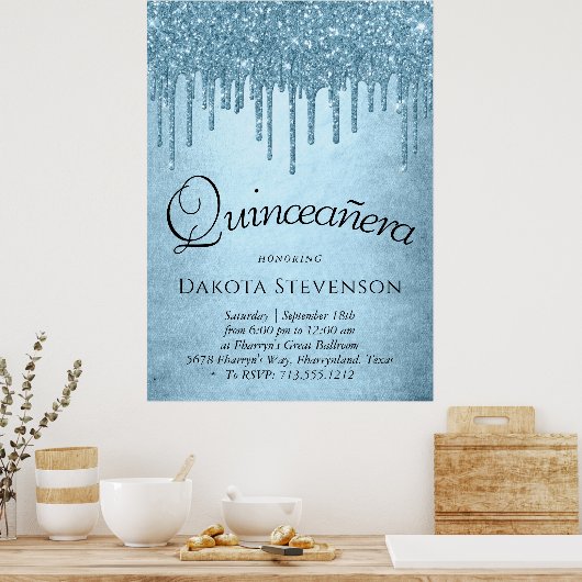 Metallic ijsblauwe druppel | Glitzy Glam Quinceane Poster (Keuken)