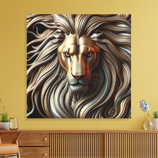 Metallic Lion Head with Fiery Eyes and Gold Mane Canvas Afdruk (Insitu (Woonkamer))