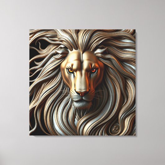 Metallic Lion Head with Fiery Eyes and Gold Mane Canvas Afdruk (Voorkant)
