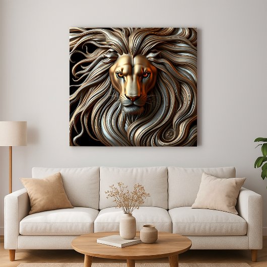 Metallic Lion Head with Fiery Eyes and Gold Mane Canvas Afdruk