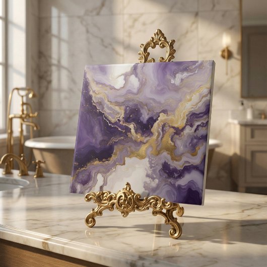 Metallic Liquid Art Purple & Gold Marble Agate Tegeltje