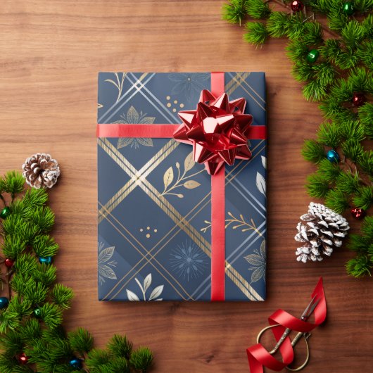 Metallic Luxe Navy Plaid Christmas Wrapping Paper Cadeaupapier (Feestdagen Geschenken)