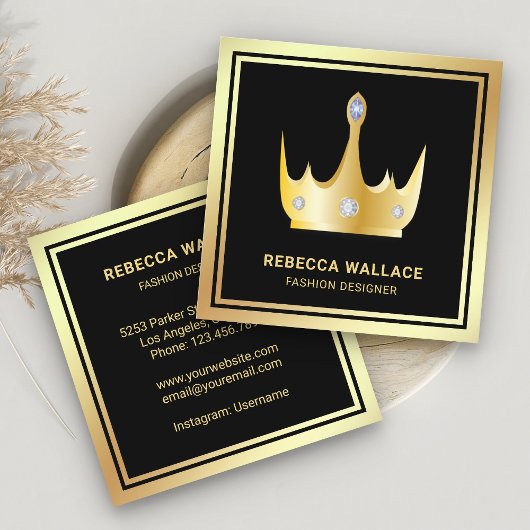 Metallic Luxurous Black Faux Gold Foil Crown Vierkante Visitekaartje