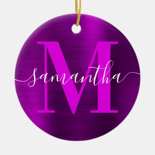 Metallic magenta Paarse handtekening monogram foto Keramisch Ornament (Voorkant)