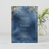 Metallic marine blauw gradiënt goud bloemenbruilof kaart (Staand voorkant)