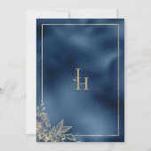 Metallic marine blauw gradiënt goud bloemenbruilof kaart (Achterkant)