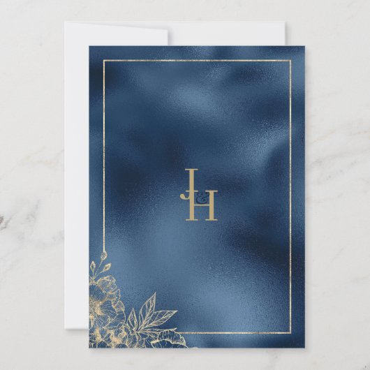 Metallic marine blauw gradiënt goud bloemenbruilof kaart (Achterkant)