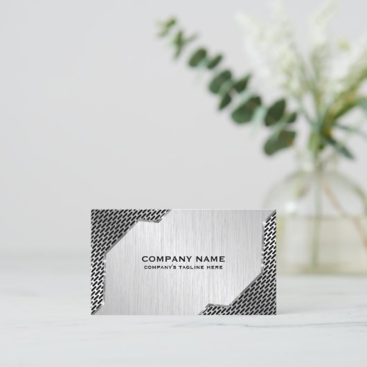 Metallic Mash & Brushed Faux Steel Auto Mechanic Visitekaartje (Staand voorkant)