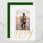 Metallic Merry Script Holiday Folie Fotokaart Folie Feestdagenkaart (Voorkant / Achterkant)