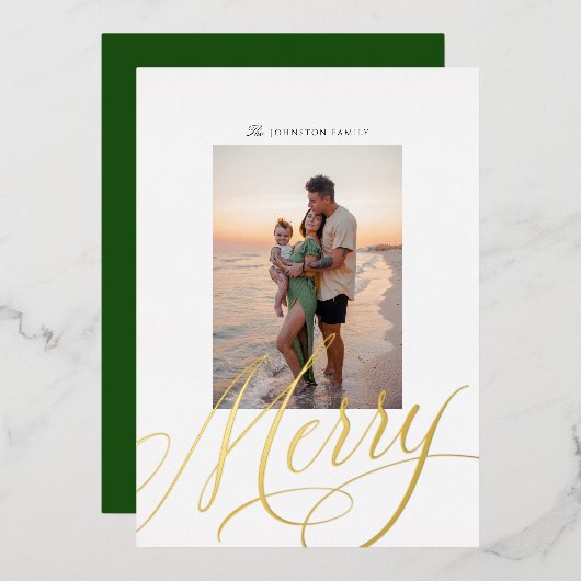 Metallic Merry Script Holiday Folie Fotokaart Folie Feestdagenkaart (Voorkant / Achterkant)