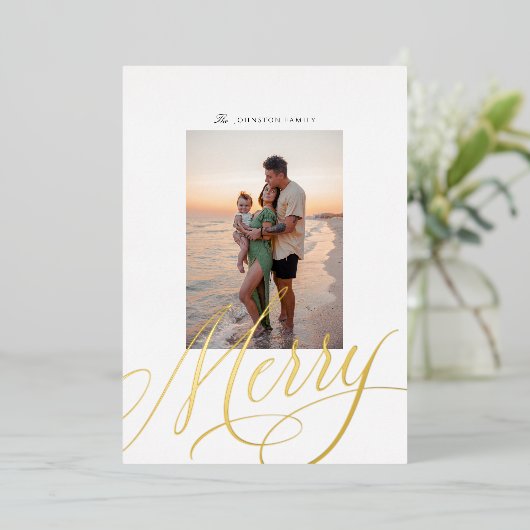 Metallic Merry Script Holiday Folie Fotokaart Folie Feestdagenkaart (Staand Voorkant)