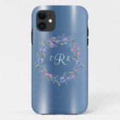 Metallic Monogram Blue Floral Girly Case-Mate iPhone Case (Achterkant)