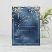 Metallic navy blauwe gradiënt gouden bloemen RSVP Kaart (Staand voorkant)
