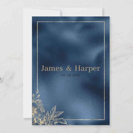 Metallic navy blauwe gradiënt gouden bloemen RSVP Kaart (Achterkant)