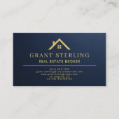 Metallic Navy Blue Gold House Real Estate Broker Visitekaartje (Voorkant)