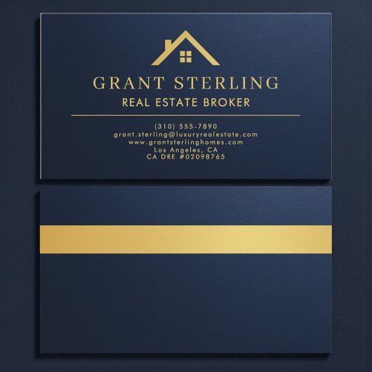 Metallic Navy Blue Gold House Real Estate Broker Visitekaartje