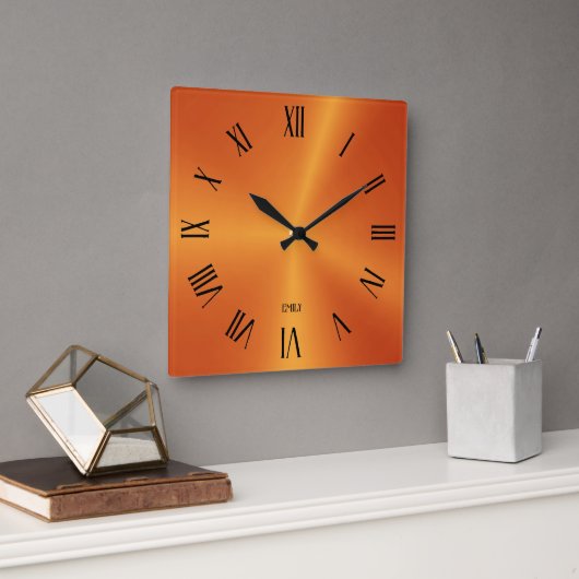 Metallic Orange Background Roman Numerals Vierkante Klok (Kantoor)