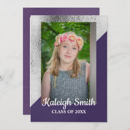 Metallic Paars en Silver Photo Graduparty Kaart (Voorkant / Achterkant)