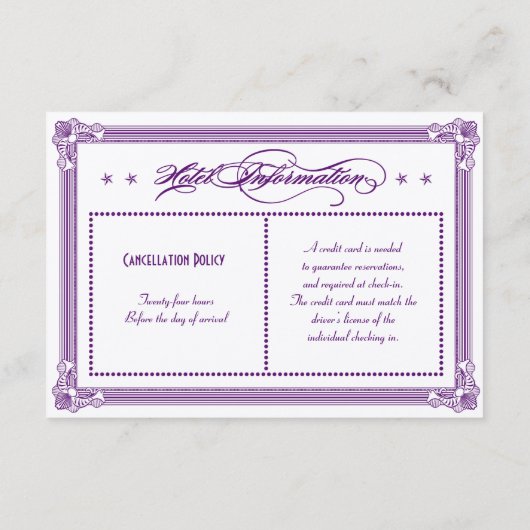 Metallic Paarse en Gold Hotel-informatie Informatiekaartje (Achterkant)