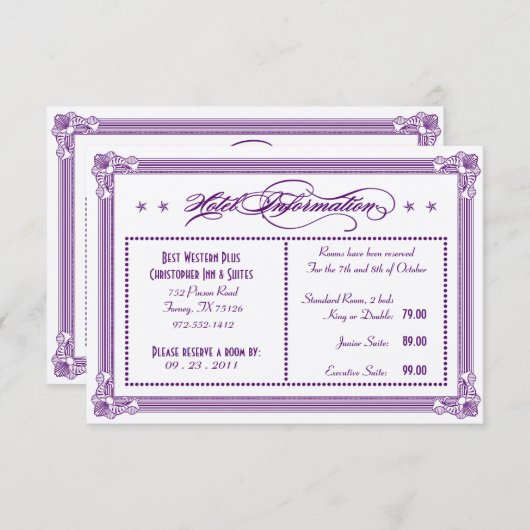 Metallic Paarse en Gold Hotel-informatie Informatiekaartje (Voorkant / Achterkant)