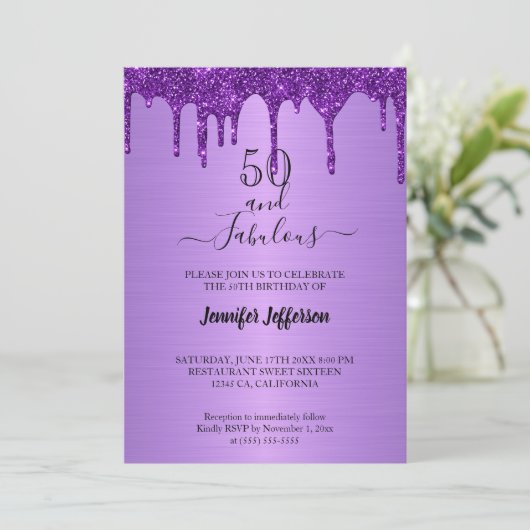Metallic paarse glitter Birthday Invitation Kaart (Staand voorkant)