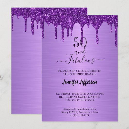 Metallic paarse glitter Birthday Invitation Kaart (Voorkant / Achterkant)