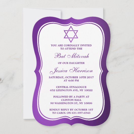 Metallic Paarse joodse ster van David Bat Mitzvah Kaart (Voorkant)