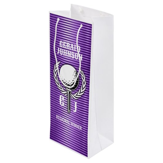 Metallic Paarse lijnen Golf Monogram Design Wijn Cadeautas (Achterkant Gekanteld)