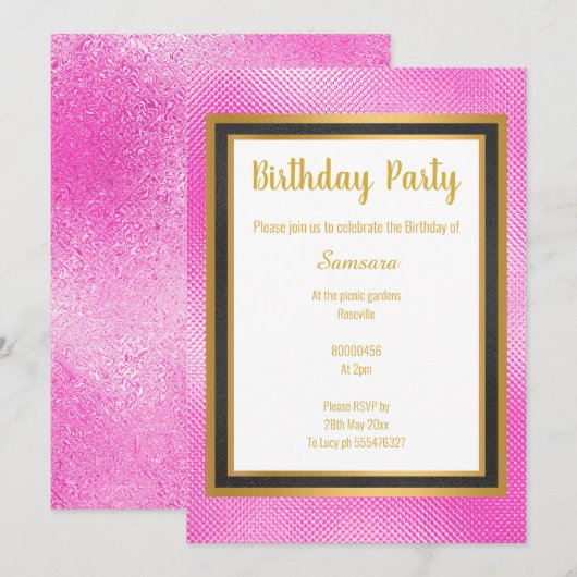 METALLIC PINK BLACK & GOLD EMBOSSED BIRTHDAAG KAART (Voorkant / Achterkant)