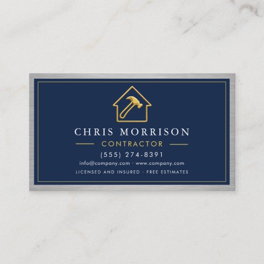 Metallic QR Code Building Construction Navy Blue Visitekaartje (Voorkant)