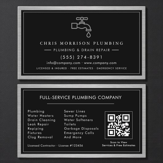 Metallic QR Code Plumbing Services Black Silver Visitekaartje