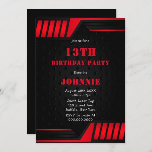 Metallic Red Black 13th Birthday Party Invites (Voorkant / Achterkant)