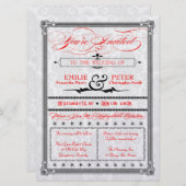 Metallic Red, Black & Silver Damask Wedding Invite Kaart (Voorkant / Achterkant)
