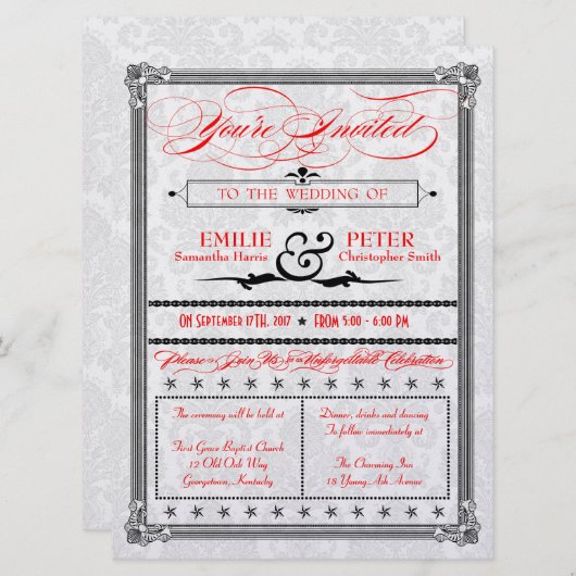 Metallic Red, Black & Silver Damask Wedding Invite Kaart (Voorkant / Achterkant)