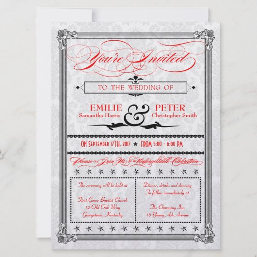 Metallic Red, Black & Silver Damask Wedding Invite Kaart (Voorkant)