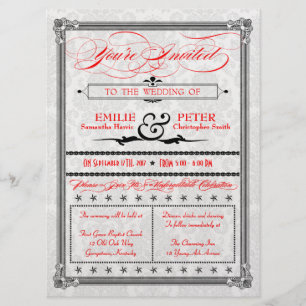 Metallic Red, Black & Silver Damask Wedding Invite Kaart