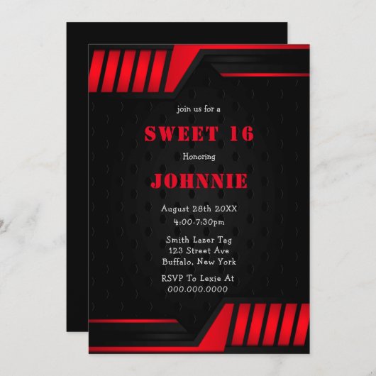Metallic Red Black Sweet 16 Birthday Party Invites (Voorkant / Achterkant)