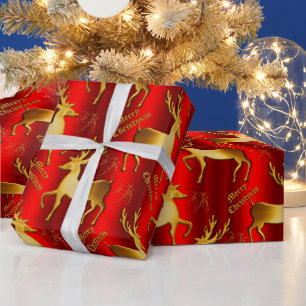 Metallic Red en Golden Reindeer Kerstmis Cadeaupapier