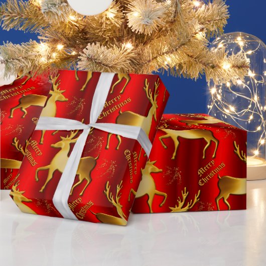 Metallic Red en Golden Reindeer Kerstmis Cadeaupapier (Feestdagen)