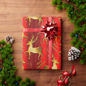 Metallic Red en Golden Reindeer Kerstmis Cadeaupapier