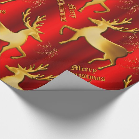Metallic Red en Golden Reindeer Kerstmis Cadeaupapier (Hoek)