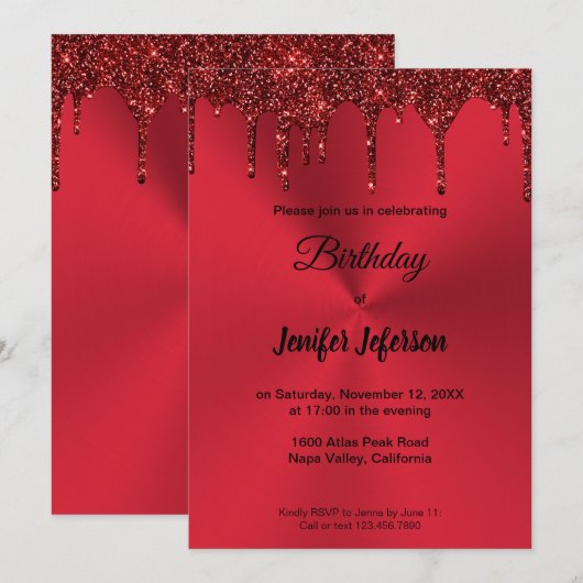 Metallic red glitter Birthday Invitation Kaart (Voorkant / Achterkant)