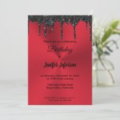 Metallic red glitter Birthday Invitation Kaart (Staand voorkant)