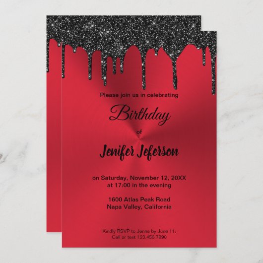 Metallic red glitter Birthday Invitation Kaart (Voorkant / Achterkant)