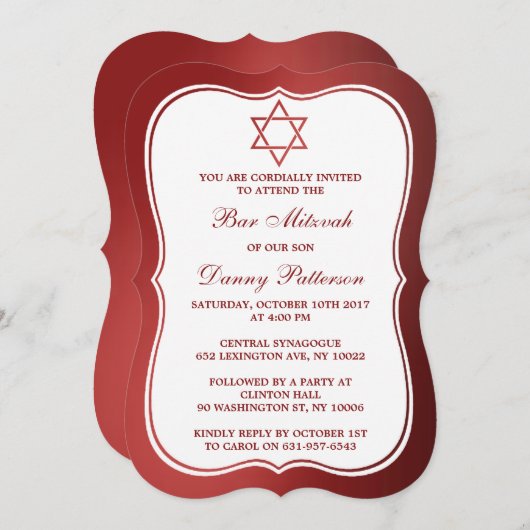 Metallic Red Jewish Star van David Bar Mitzvah Kaart (Voorkant / Achterkant)