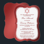 Metallic Red Jewish Star van David Bar Mitzvah Kaart<br><div class="desc">Deze uitnodigingen kunnen worden aangepast voor elke joodse heilige gebeurtenis zoals Bar Mitzvah, Bat Mitzvah, Bevestiging, Wedding, enz. Voeg uw douaneverklaring toe door de "Edit this design sjabloon"sectie te gebruiken of de blauwe "Customize het"knoop te klikken om de doopvontstijl en de kleur te veranderen, of een foto of een extra...</div>